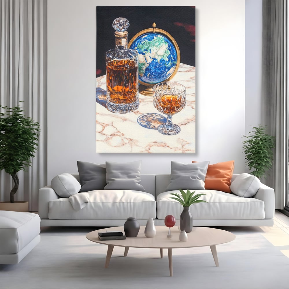 Tablou canvas cu tablou canvas cu sticla de whisky si glob pamantesc, fara rama, pe sasiu de lemn, pe perete intr-un living
